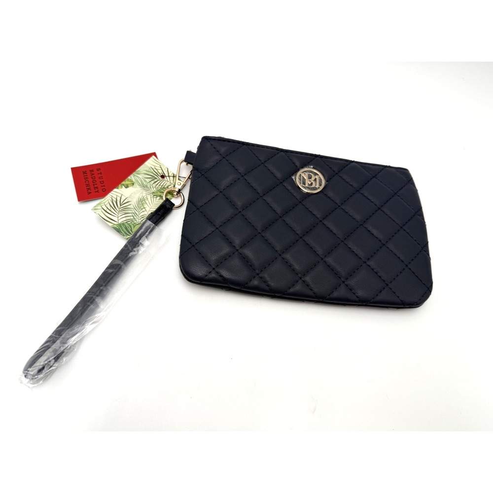 NWT Badgley Mischka Wristlet Quilted Vegan Leather Navy Gold Zipper Logo